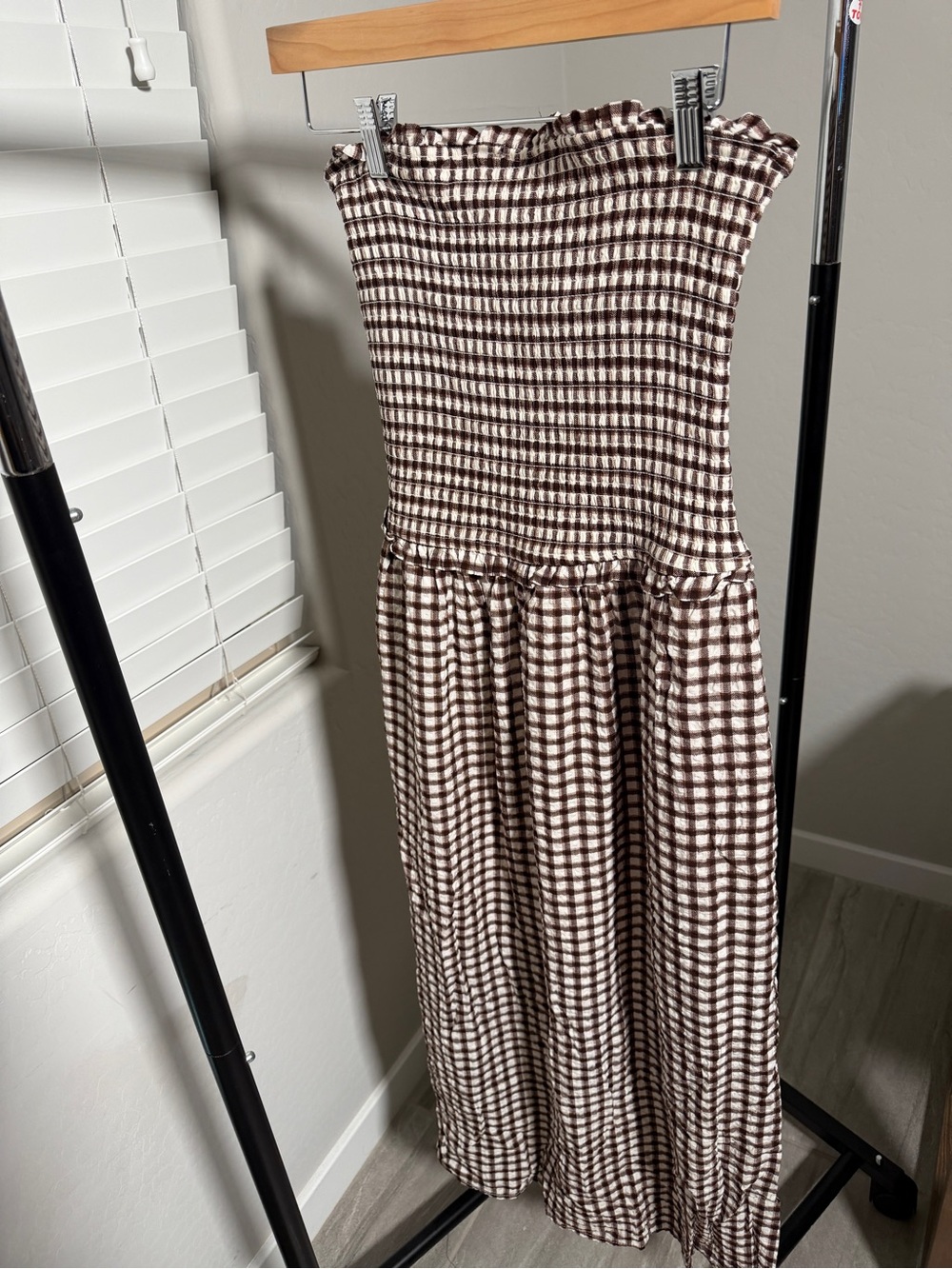 Strapless Smocked Brown & White Check Midi Dress